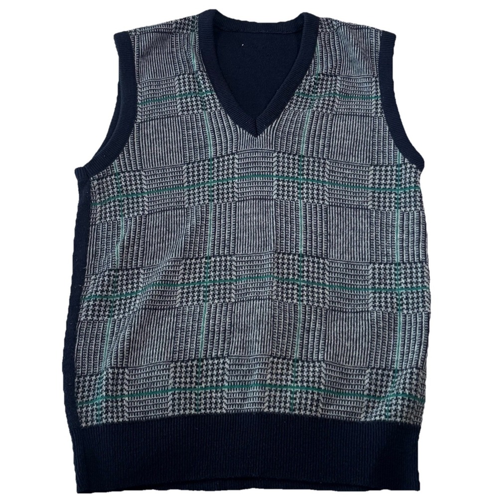 Robert Bruce Men's Wool Blend Glen Plaid Sweater Vest Navy Gray Green V-Neck‎
